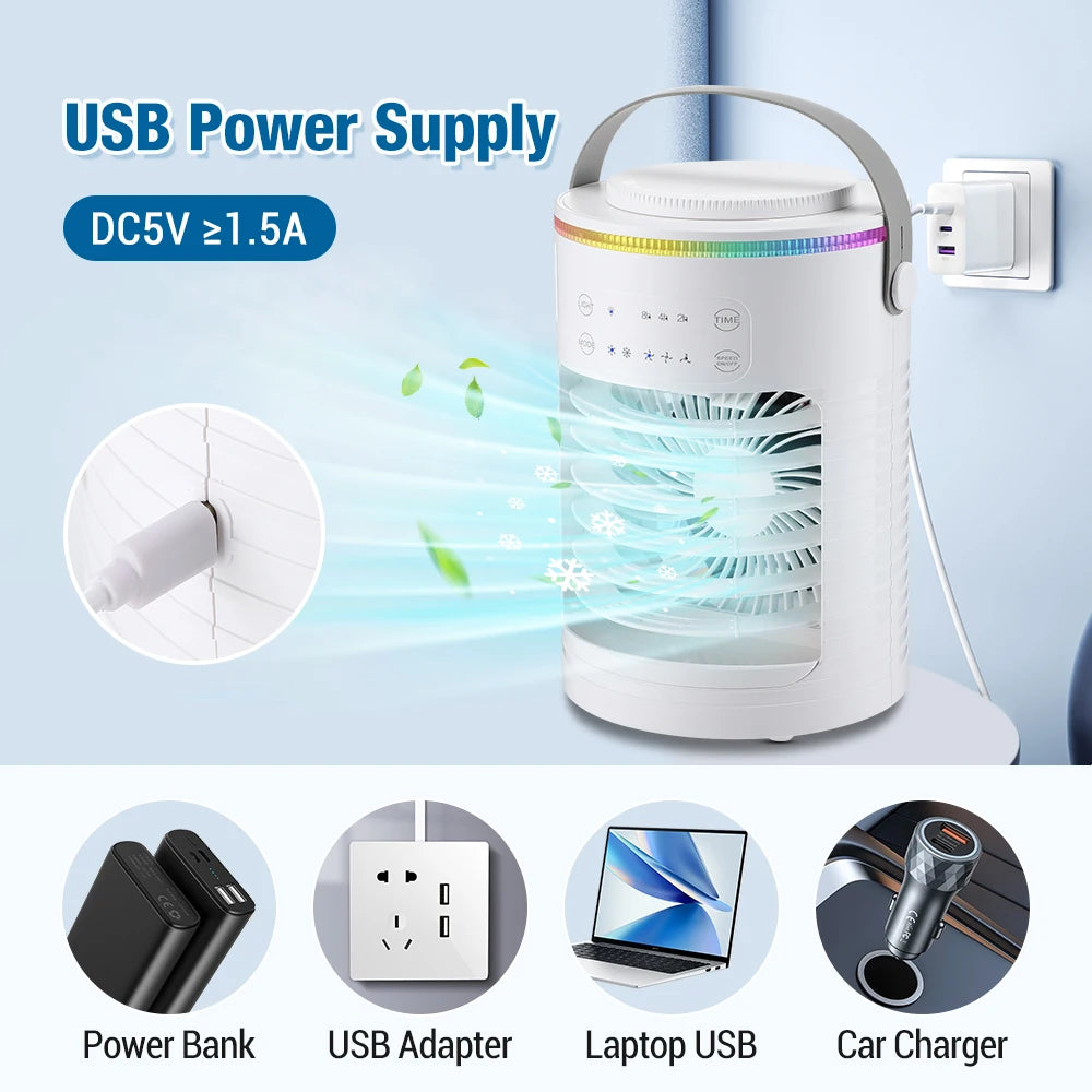 Air Conditioner Cooling Spray Fan Air Conditioner with Water Ice Evaporative Humidifier Quiet Air Cooler with Colorful Light