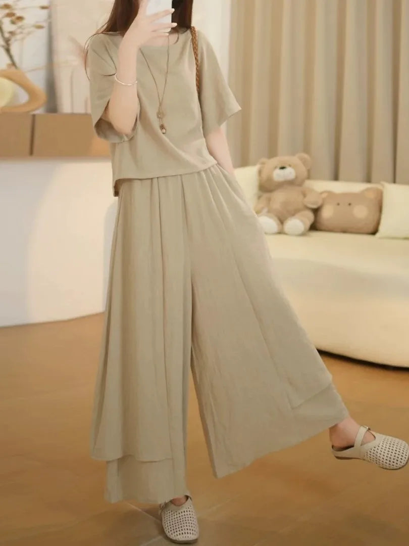Fashionable Summer Outfit Women's Slimming Short Sleeve T-Shirt Skirt Pants Drapey Casual Meat Concealing Two-Piece Set