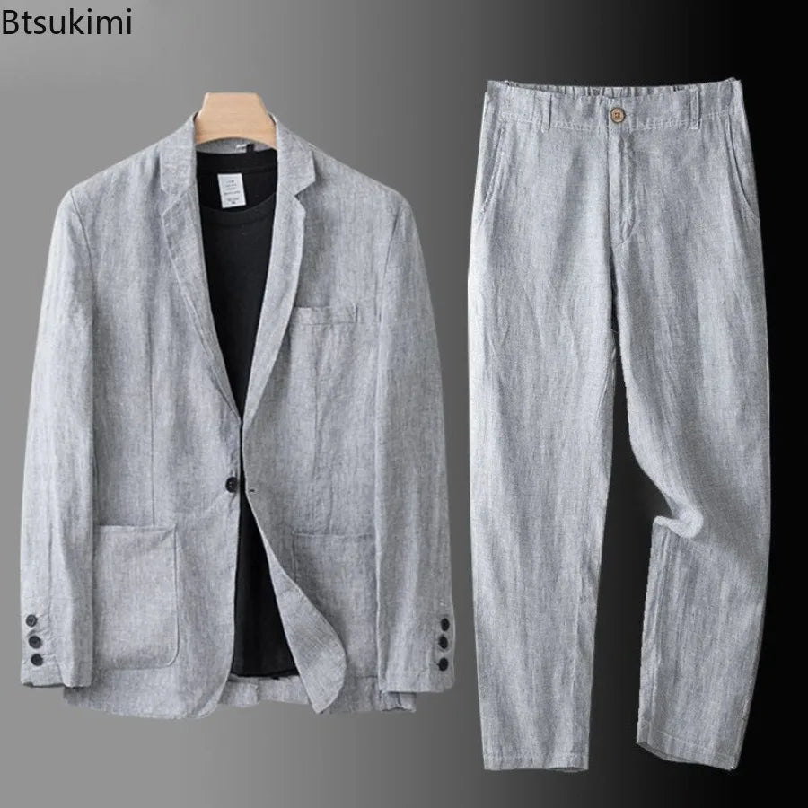 2026Summer Linen Suit Sets Men's Blazers Pants Suit Loose Casual High Street Sunscreen Jackets Long Trousers Set Male Clothes