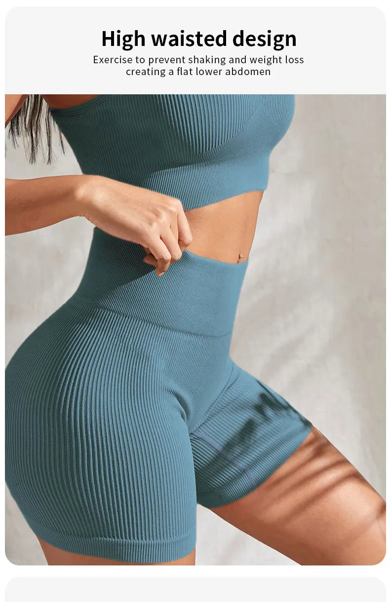 Seamless Ribbed Fitness Set for Women Solid Color Knit 2 Piece Workout Outfit Crop Tank High Waist Shorts Yoga Running