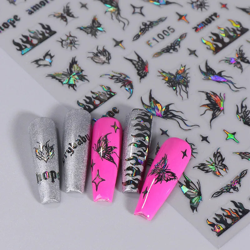 1PCS Black White Butterfly Laser Nail Stickers Y2K Nail Art Decoration Abstract Lines Bronzing Flowers Stickers For Nails
