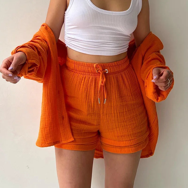 Summer Women's Suit Short Sets Outfits Muslin Suit For Women 2025 Two Piece Female Clothing Solid Button Outfits
