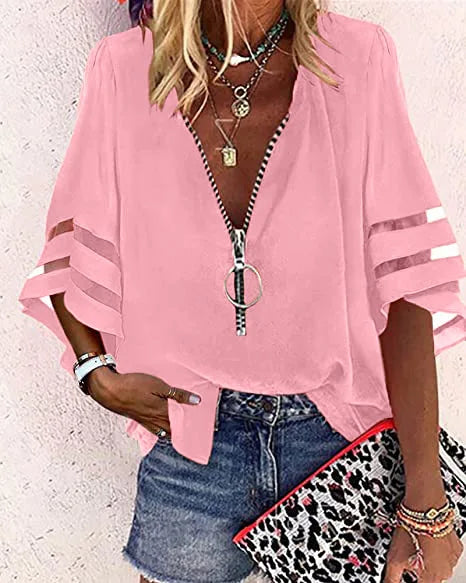 Summer Shirt Elegant Women Lace Patchwork Flared Sleeve Mesh White Blouse Women Zipper V-Neck Loose Casual Tops Streetwear Femal