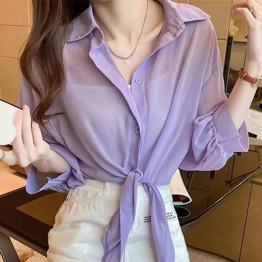 Xpqbb Summer Sun Protection Shirts Ladies Solid Color Tied Waist Half Sleeve Button Blouse Women Casual Loose Chiffon Shirt