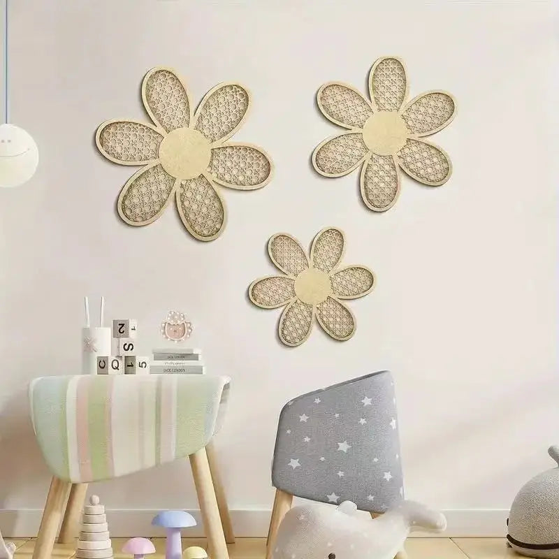 Bohemian Daisy Wall Decoration, Wooden Rattan-Like Pattern Wall Art Hanging Piece, Home Living Room Wall Decoration