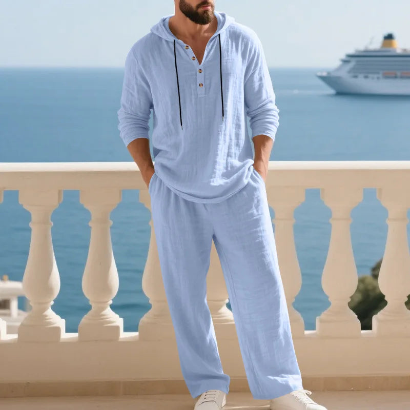 Men's Linen Hooded Sets 2 Piece Outfit Summer Casual Long Sleeve Hoodie and Wide Leg Pants Set for Men