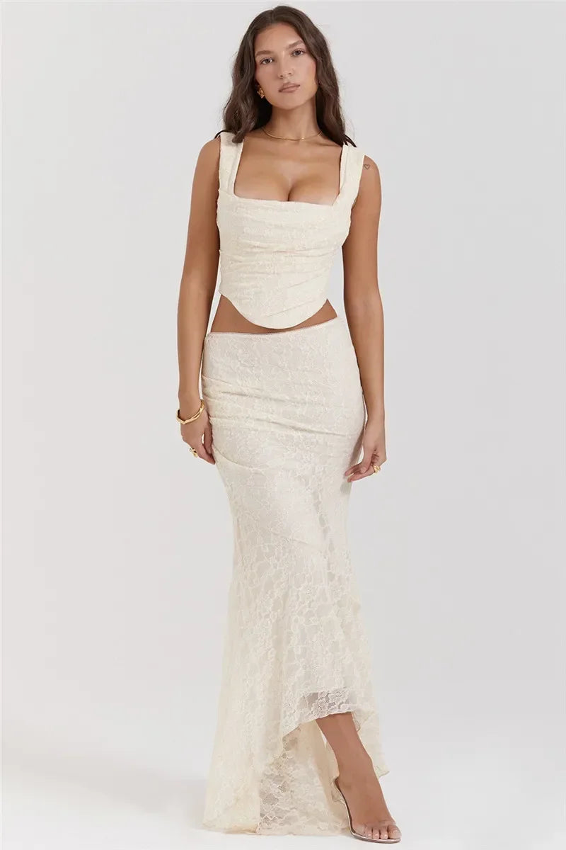 Lace Bandage 2 Piece-Set Long Skirt Female Patchwork Fashion Backless High Waist Elegant Lace-Up Maxi Skirt Sets Outfits