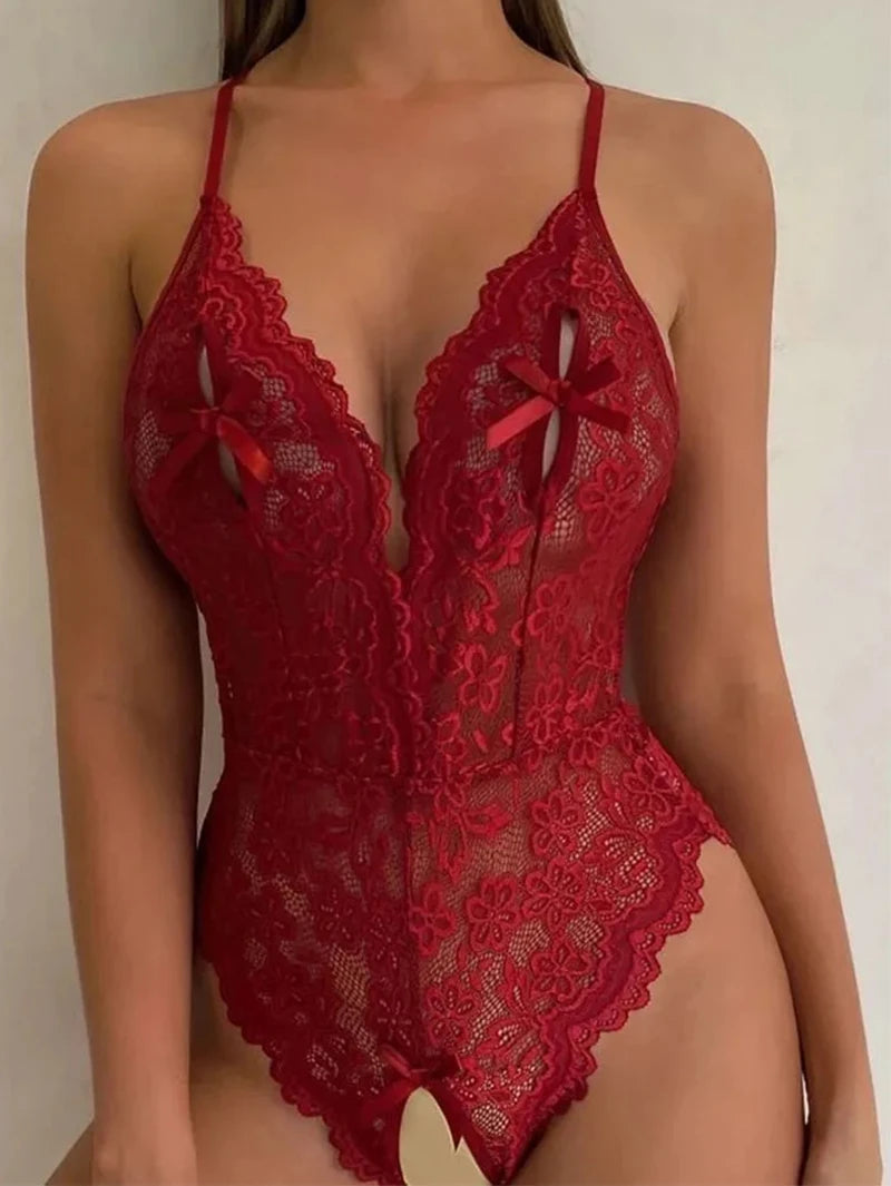 Lenceria Mujer Sexi One Pieces Open Bra Underwear For Sex Women Blue Deep V Crotchless Lingerie Sets Lace Transparent Bodysuits