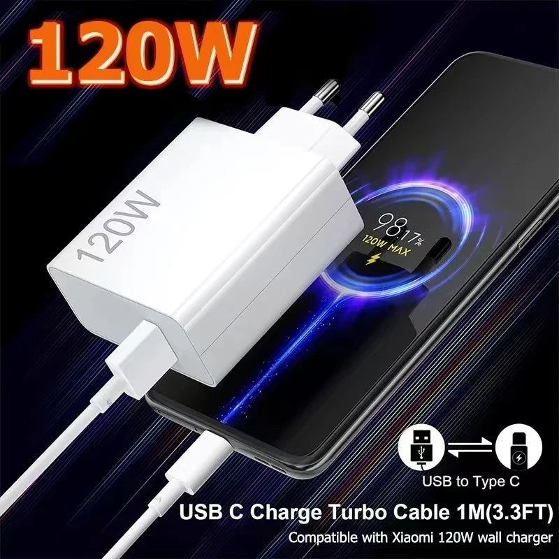 Oiginal 120W Charger Turbo Fast Charge Eu/Us Hypercharge Adapter for Xiaomi Redmi Note 11 12 13 Pro Plus 5G Mi 14 13 13T Cable