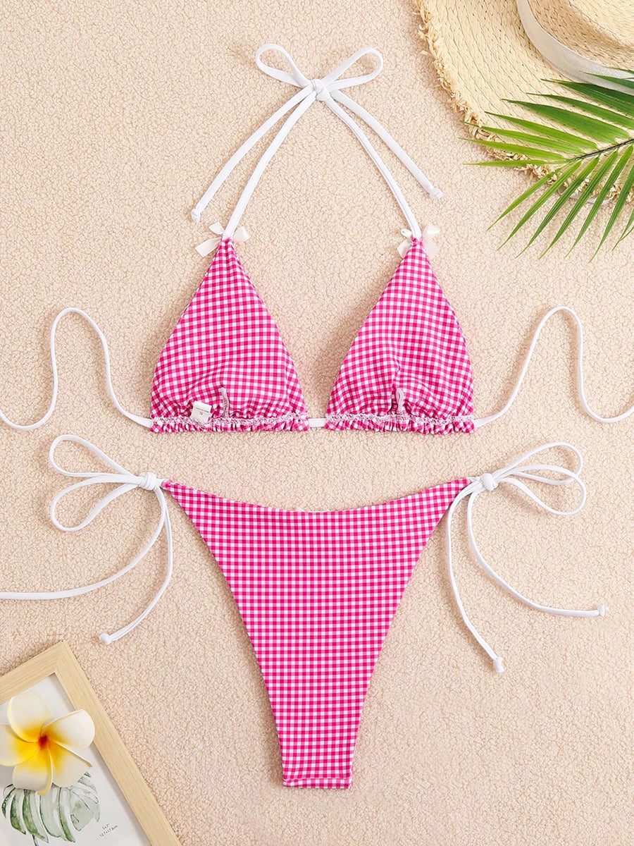 Sexy Bikini Women's Swimsuit Butterfly Decor Checked Swimwear 2026 Halter Thong Bikinis Sets Swimming for Beachwear Bathing Suit