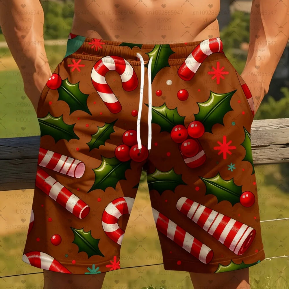 2025 new Men's Board Shorts Christmas candy cane holly Trunks Drawstring Elastic Quick Dry Hawaiian Beach Shorts men clothing