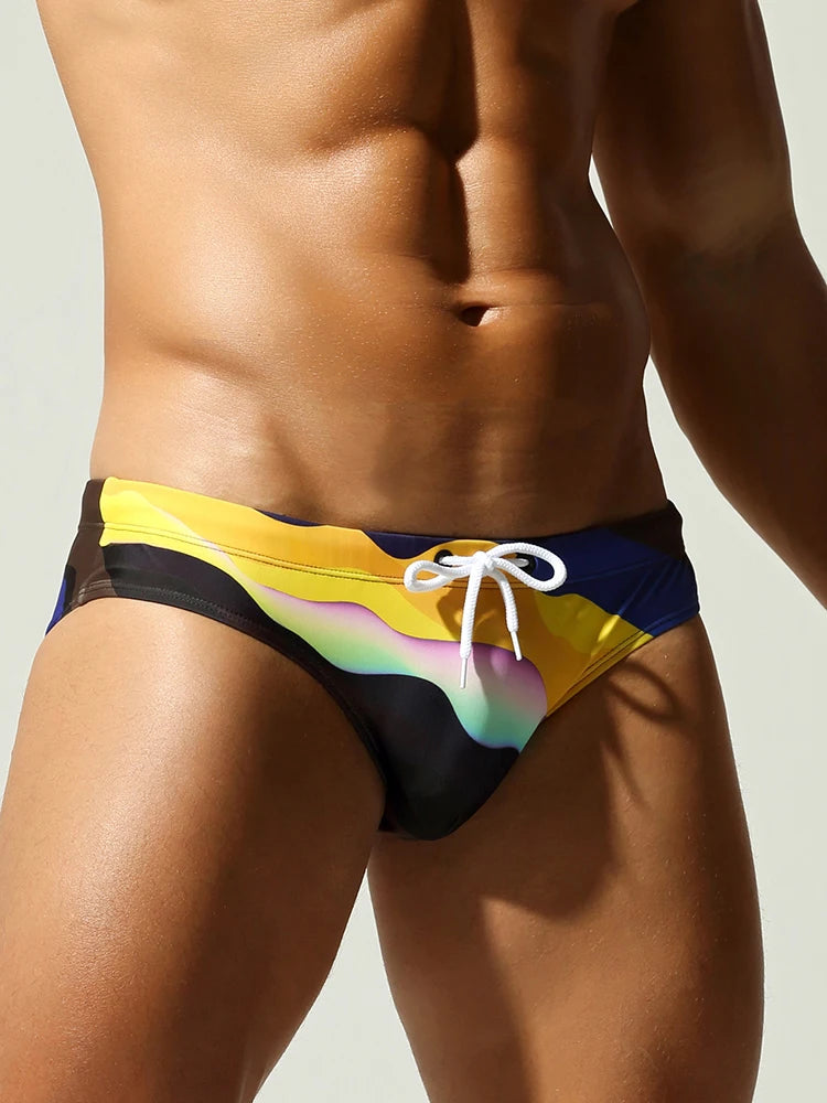 Men's Quick Dry Swim Briefs Colorful Wave Print Drawstring Bikini Trunks Low Waist Beach Swimwear Bathing Suits for Men swimsuit