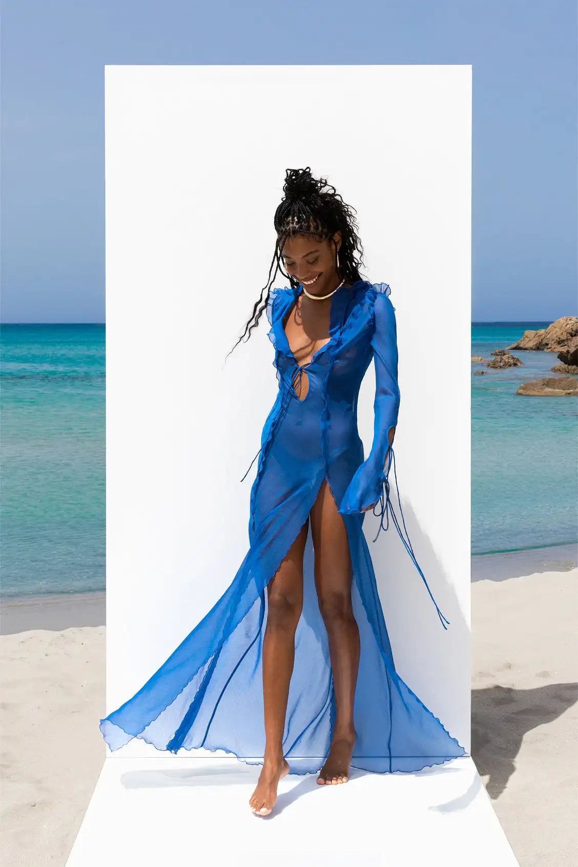 Summer Beach Dress Women Elegant Bandage Ruffles Slim Maxi Dress 2024 New Sexy Blue Long Sleeve Evening Party Dress Club Outfits