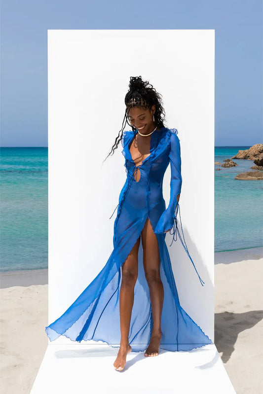 Summer Beach Dress Women Elegant Bandage Ruffles Slim Maxi Dress 2024 New Sexy Blue Long Sleeve Evening Party Dress Club Outfits