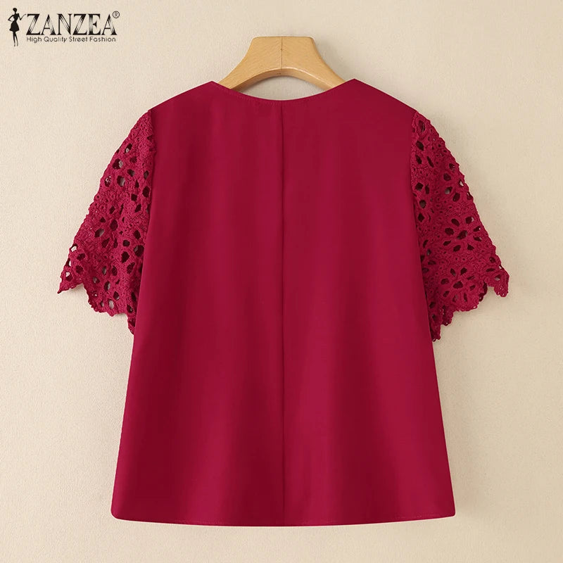 ZANZEA Summer Embroidered Openwork Blouses Women V-Neck Short Sleeve Hollow Out Lace Blusas Mujer Casual Fashion Solid Chemises