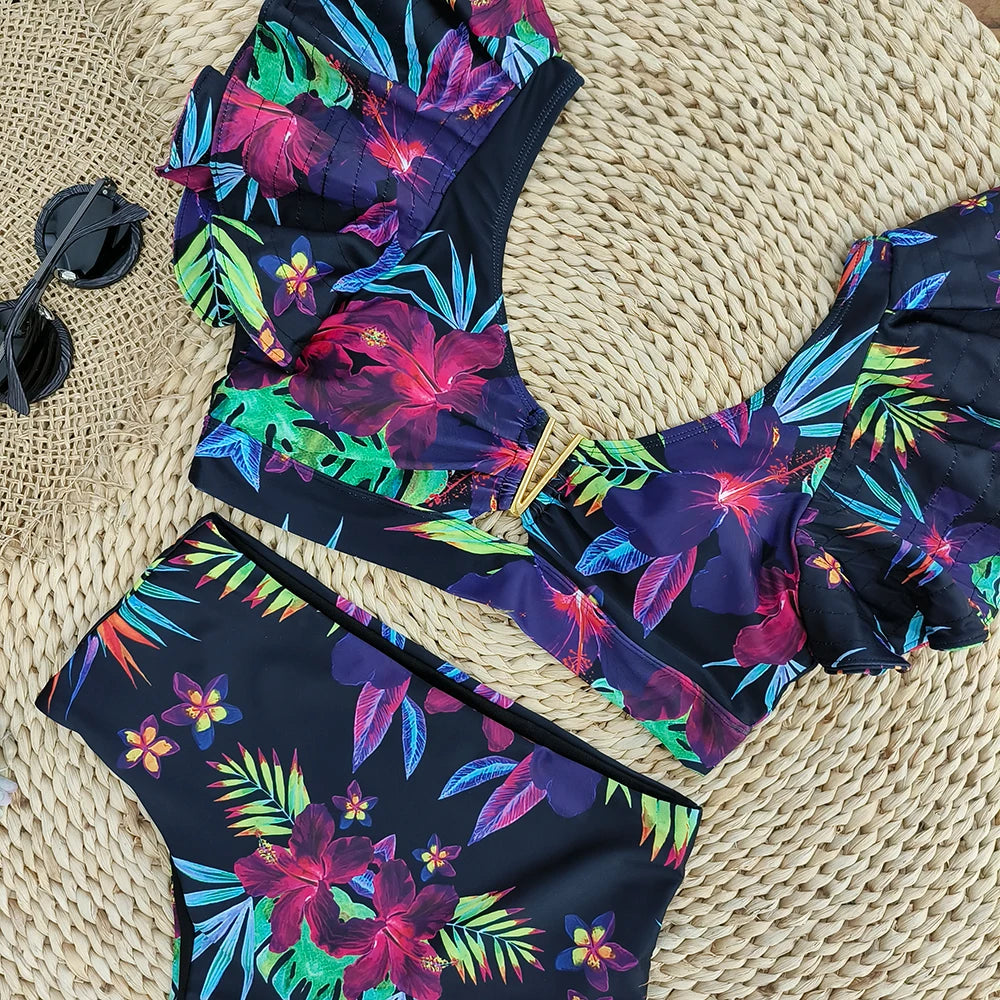 2026 Sexy Bikini Set Women High Waist Classic Off Solid Ruffle Sleeves Swimwear Red Separate Deep V Swimsuit Vintage Beach Set