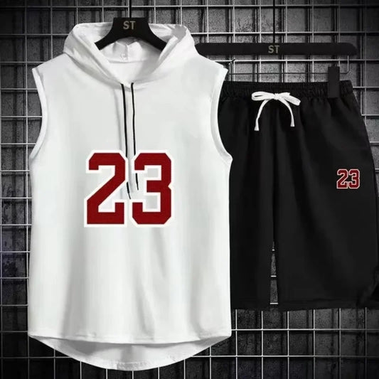 Summer New Men's Sleeveless Hooded T-shirt+shorts pants Sports two-piece set gym  Fashion  Casual Men Women Sports Two Piece Set