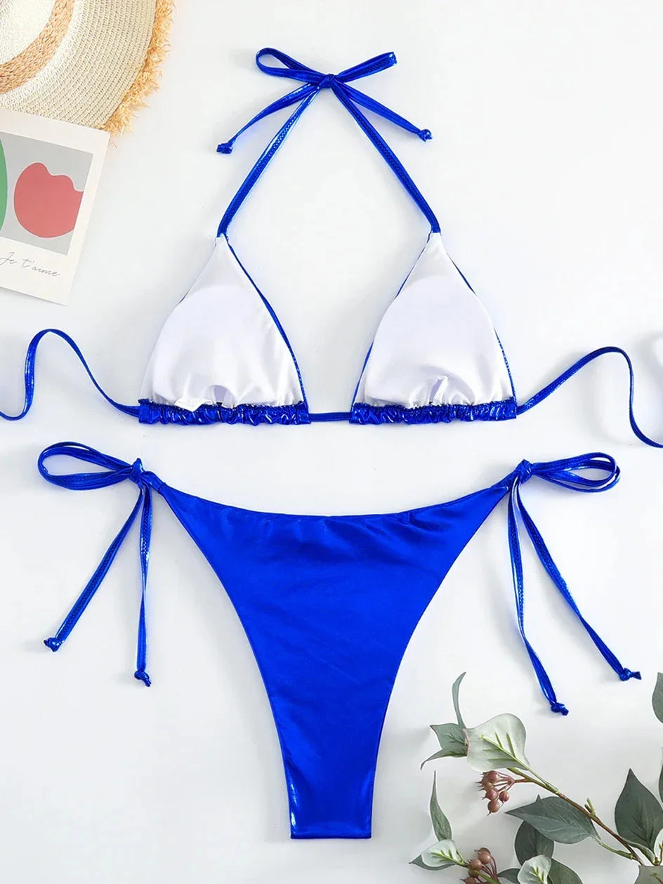 Sexy Metallic Halter Bikinis Sets Lace Up Triangle Tie Side Bikini 2024 Swimsuit Women Swimwear Brazilian Female Bathing Suits
