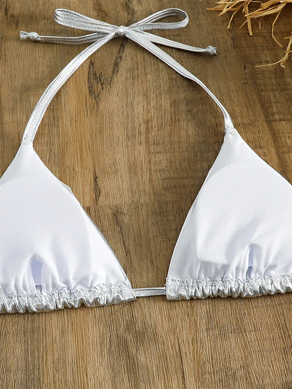 Sexy Metallic Halter Bikinis Sets Lace Up Triangle Tie Side Bikini 2024 Swimsuit Women Swimwear Brazilian Female Bathing Suits