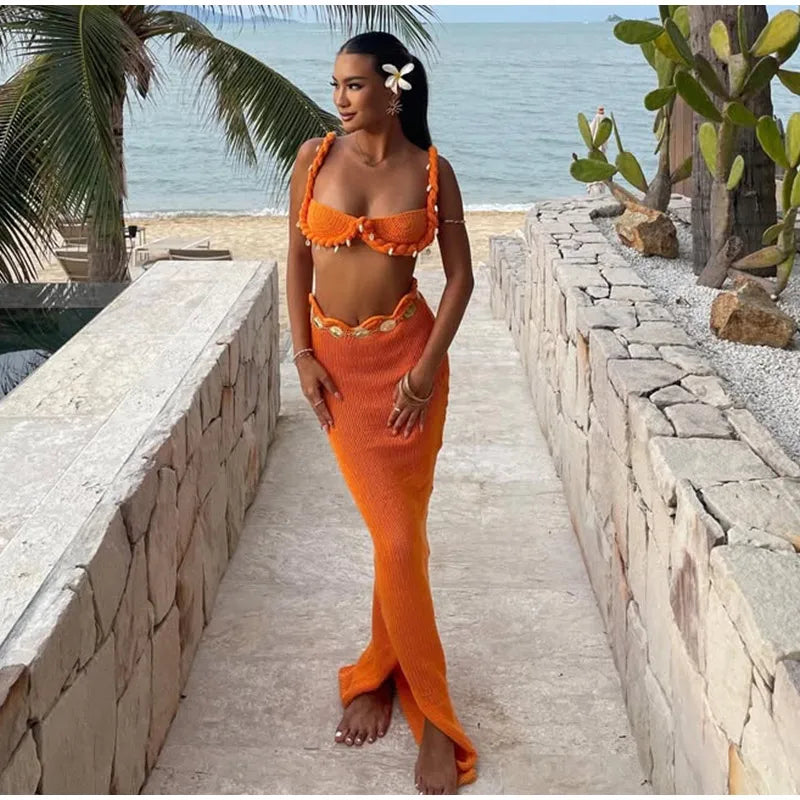 Knit Woven Bra Top Skirt Sets Women Twist Strap Sleeveless Backless Corset Long Skirts Suits Female 2 Pieces Seaside Vacation