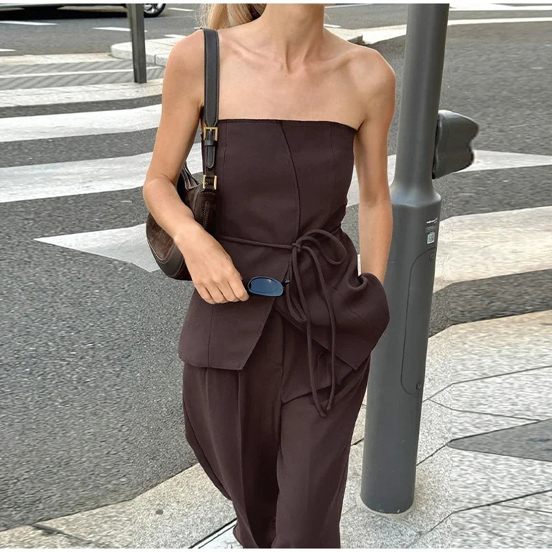 Women Pant Sets Sexy Backless Straps Sleeveless Lace Up Vest Loose Wide Leg Pants Suit Female Summer Fashion Lady Outfits