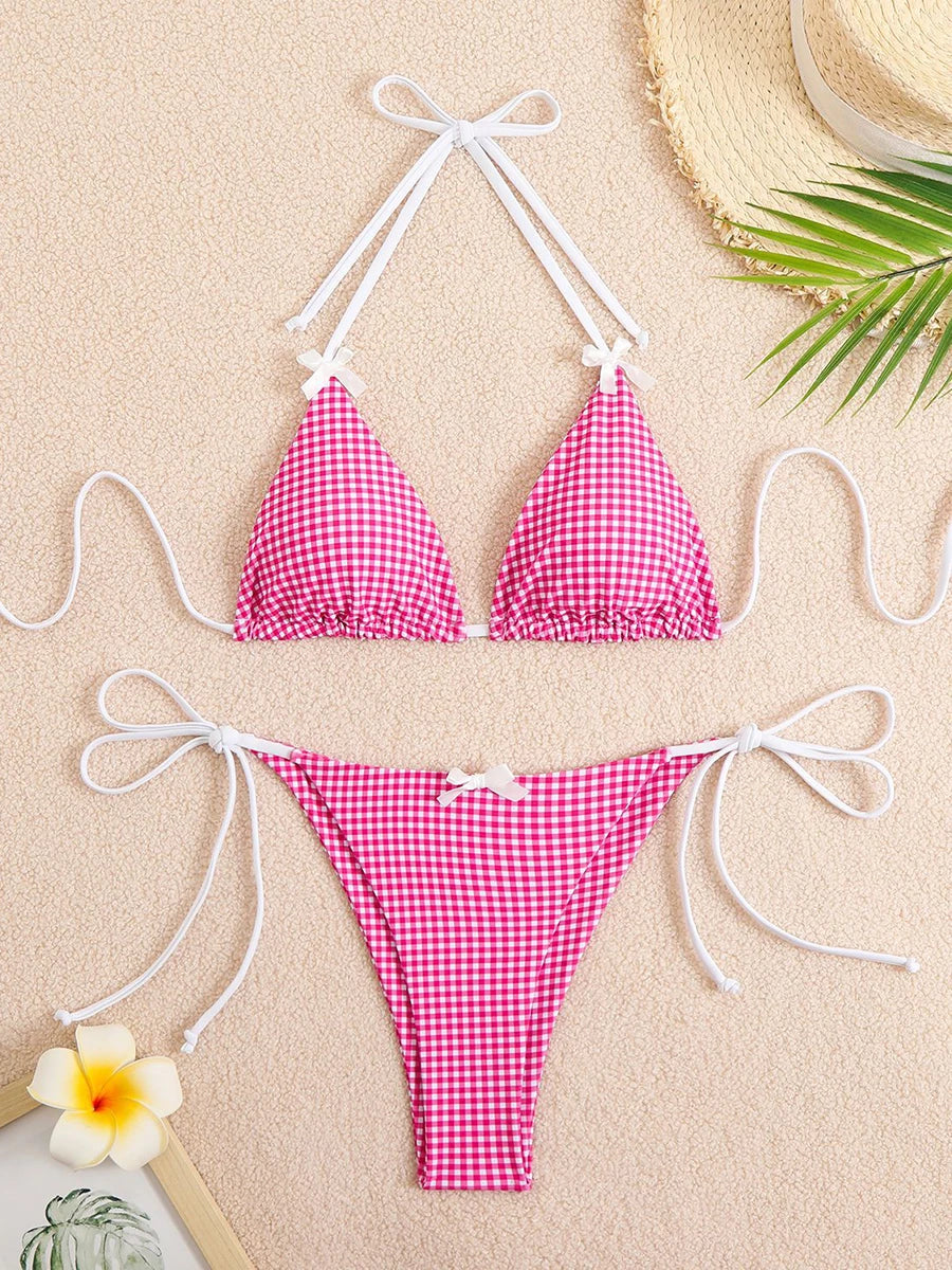 Sexy Bikini Women's Swimsuit Butterfly Decor Checked Swimwear 2026 Halter Thong Bikinis Sets Swimming for Beachwear Bathing Suit