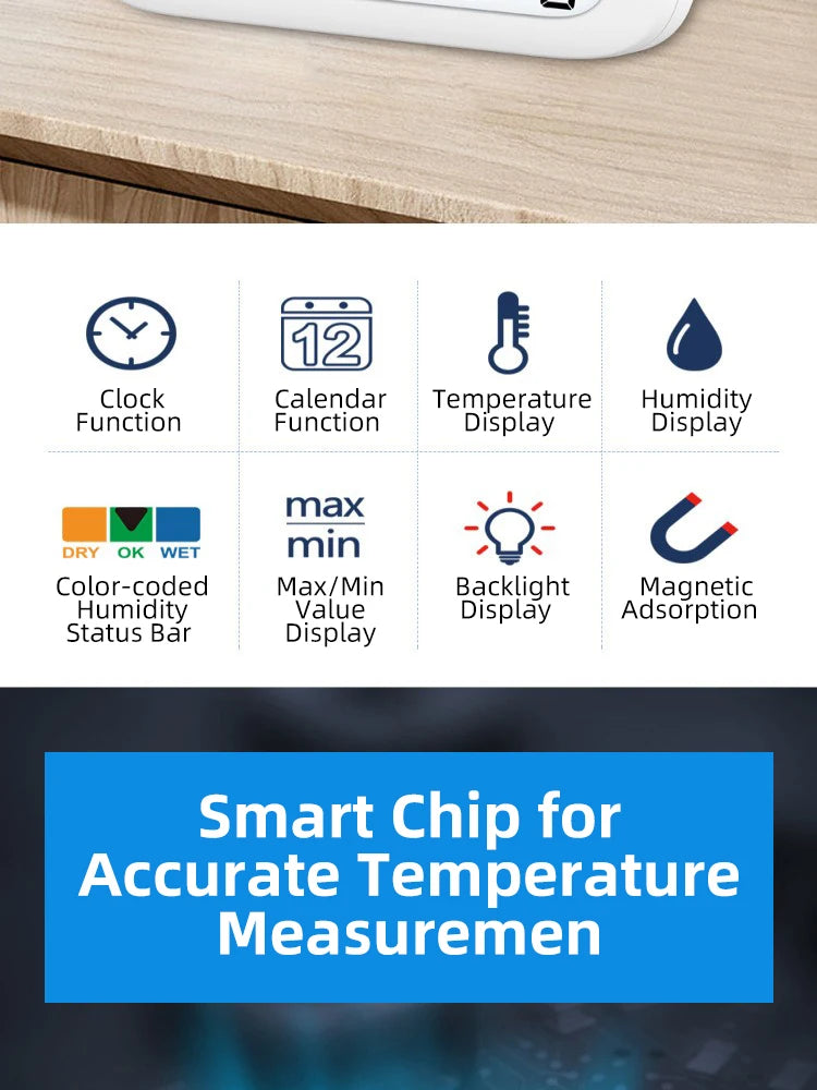 Smart Digital Thermometer and Hygrometer with Backlight Calendar and Time Display High-precision Thermo-Hygrometer for Home