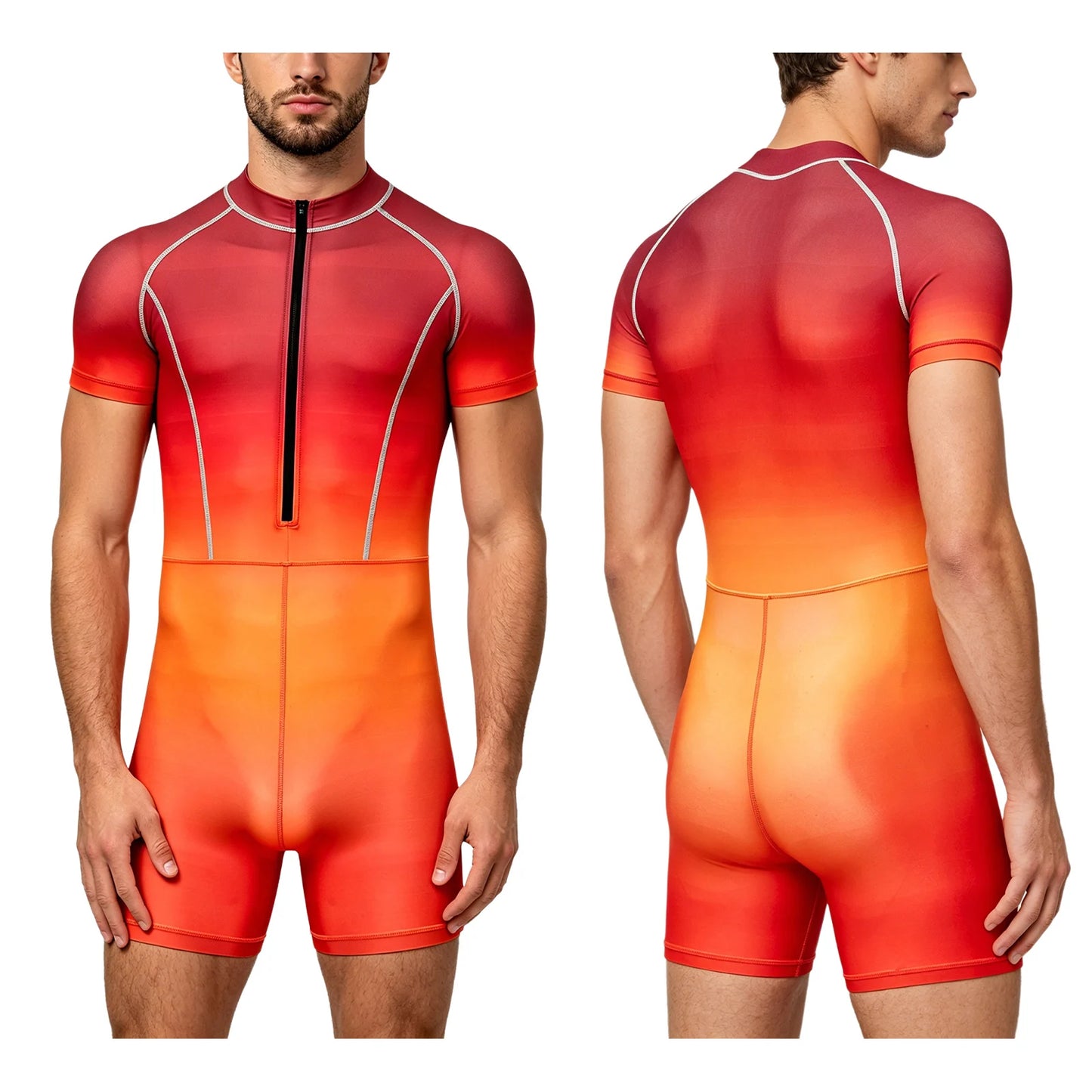 Men Gradient Bodysuit Rash Guard Swimwear Wetsuit Short Sleeve Zipper Bathing Suit Surfing Beach Pool Water Sports Wimsuit