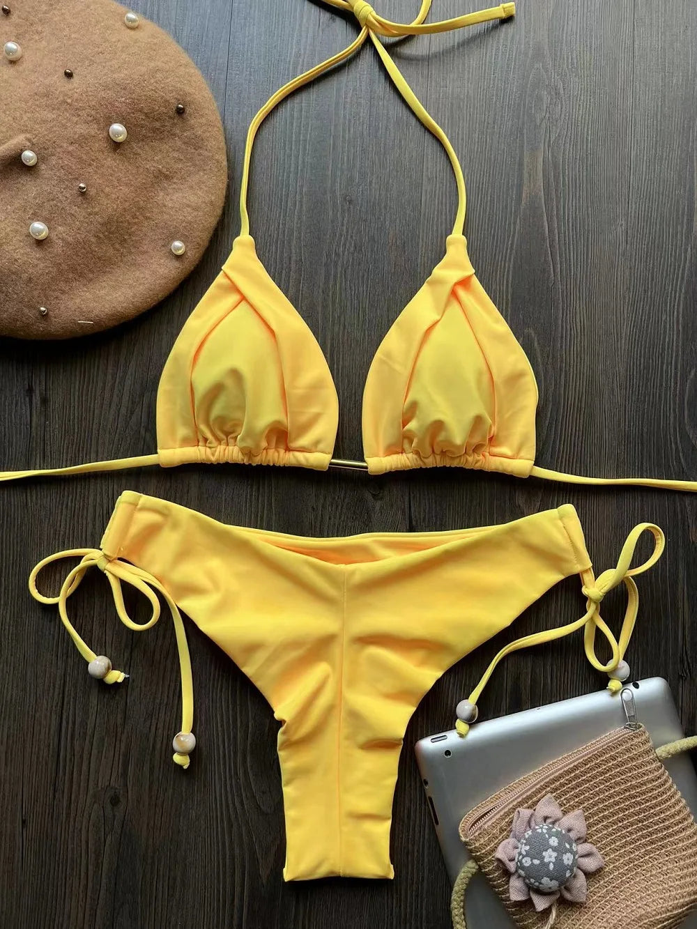 Solid color bikini set 2026 women's new swimsuit 2-piece set bead neck hanging bikinis summer beach Swimwear