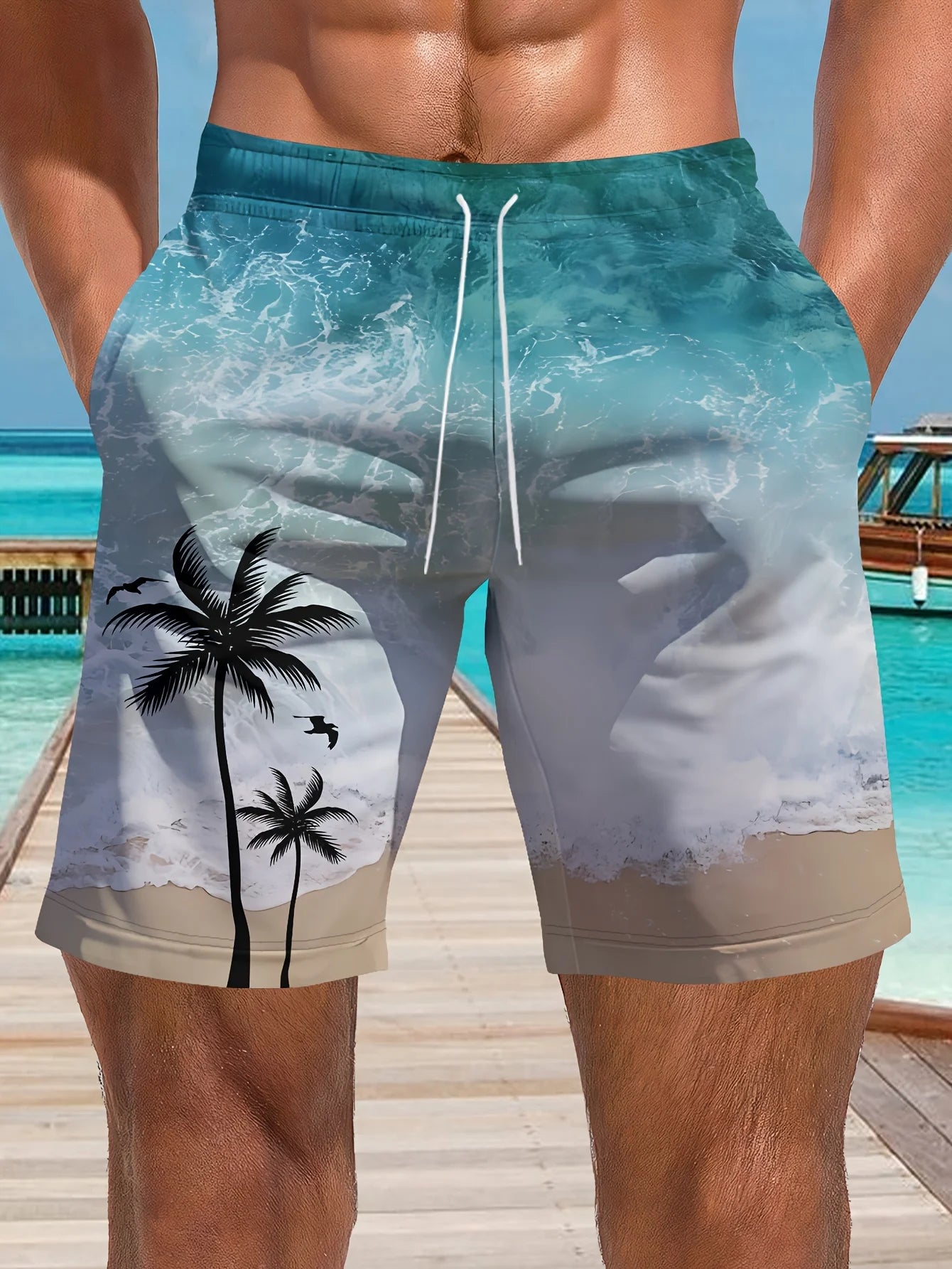 Men's Ocean Coconut Tree Print Beach Shorts Summer New Vacation Surfboard Shorts Casual Classic Men's Quick-Dry Shorts