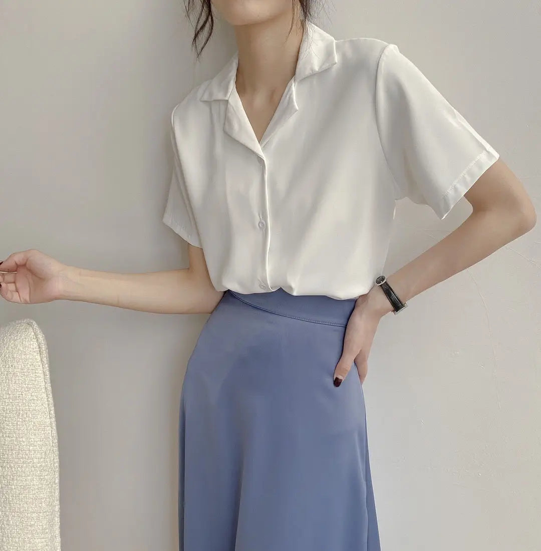 Women Summer Elegant Solid Chiffon Blouses Casual Turn Down Collar Short Sleeve Loose Shirts Korean Chic Top Female Tunic