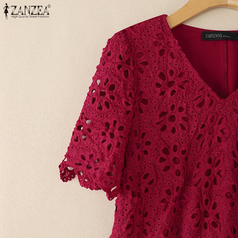 ZANZEA Summer Embroidered Openwork Blouses Women V-Neck Short Sleeve Hollow Out Lace Blusas Mujer Casual Fashion Solid Chemises