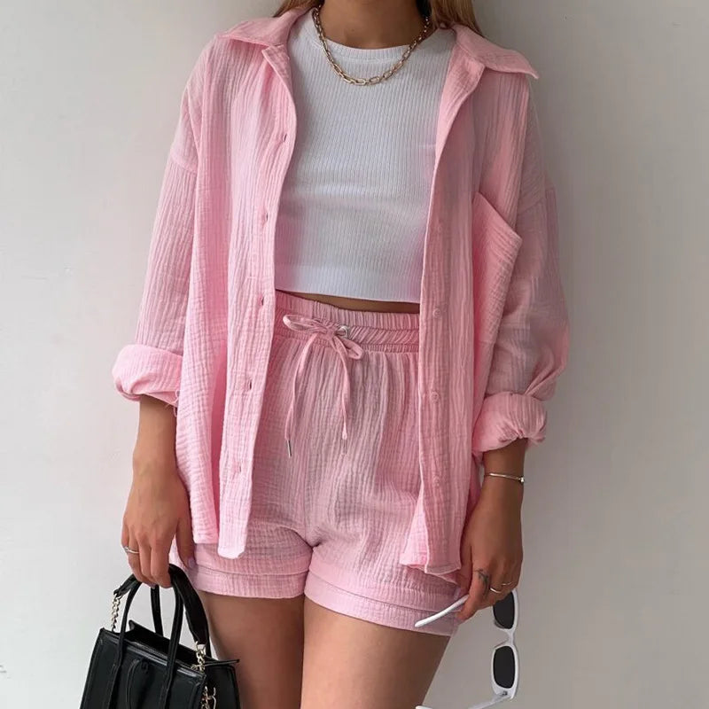 Summer Women's Suit Short Sets Outfits Muslin Suit For Women 2025 Two Piece Female Clothing Solid Button Outfits