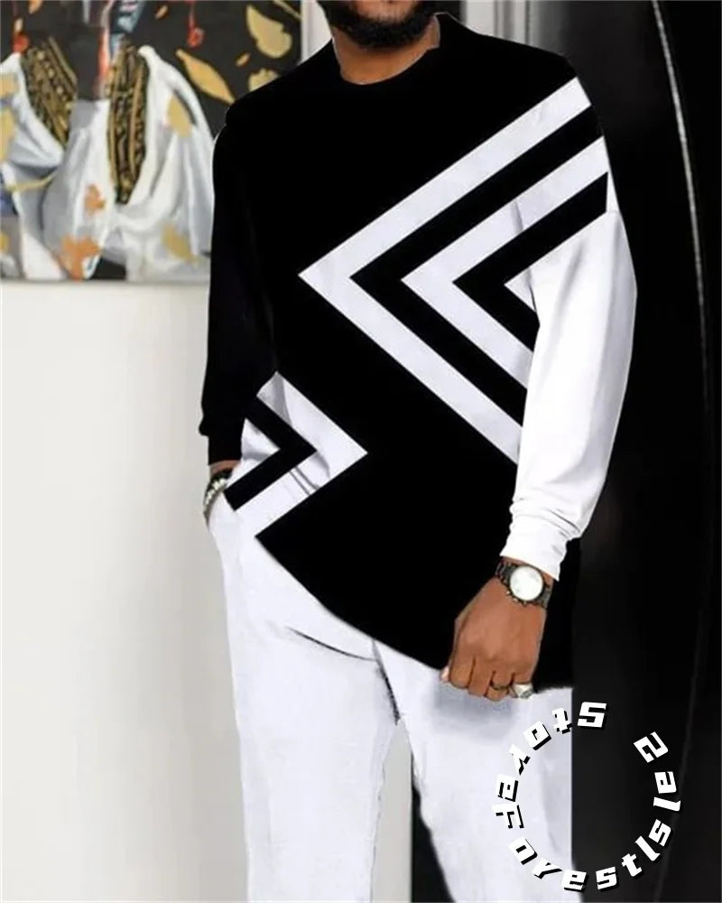 Classic Dress Set for Men Tracskuit Set Casual Walking Suit Ovrersize Streetwear Long Sleeve T-Shirt Trousers Outfit 2-piece