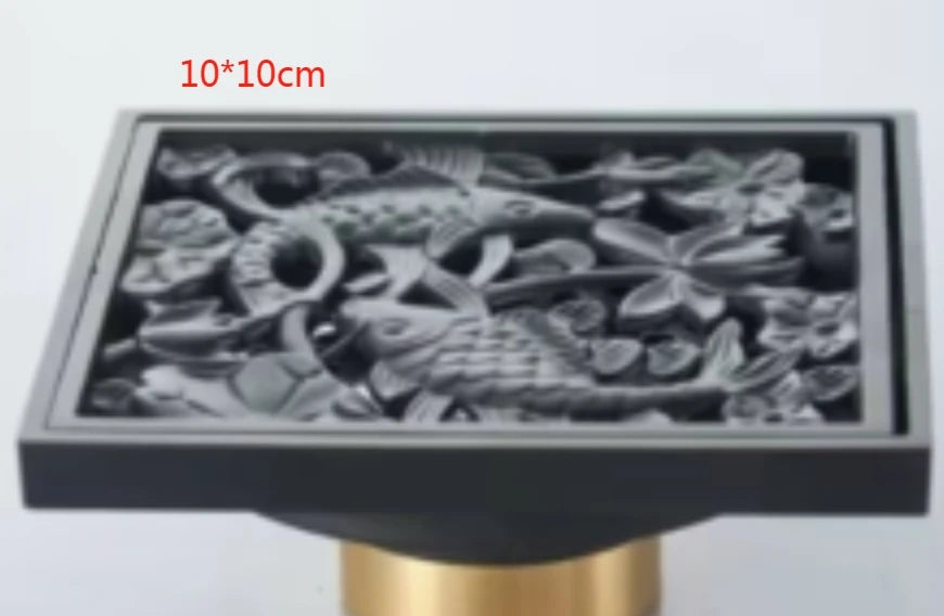 Shower Drains 10*10cm Square Bath Drains Strainer Hair Antique Brass Fish Carved Bathroom Floor Drain Waste Grate Drain