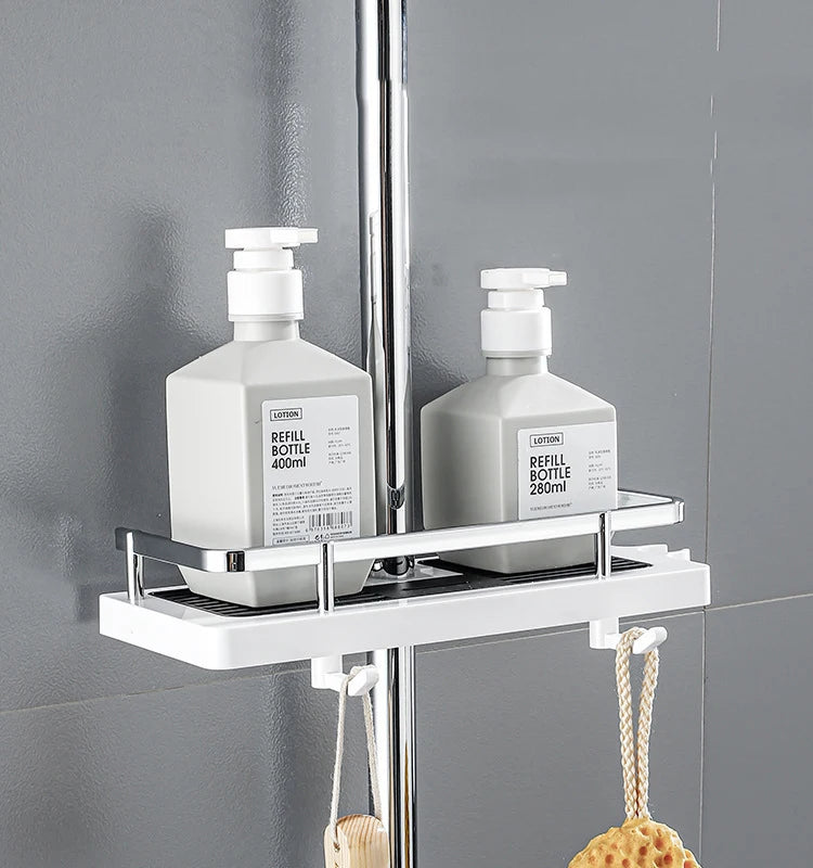 Bathroom Shower Storage Rack Organizer Pole Shelves Shampoo Tray Stand Single Tier No Drilling Lifting Rod Shower Head Holder