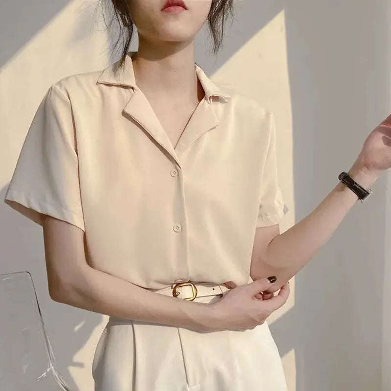 Women Summer Elegant Solid Chiffon Blouses Casual Turn Down Collar Short Sleeve Loose Shirts Korean Chic Top Female Tunic