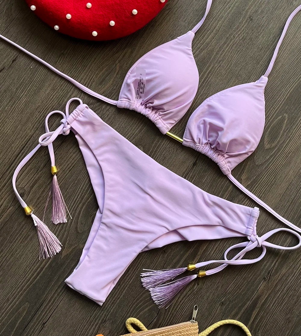 Solid color bikini set 2026 women's new swimsuit 2-piece set bead neck hanging bikinis summer beach Swimwear