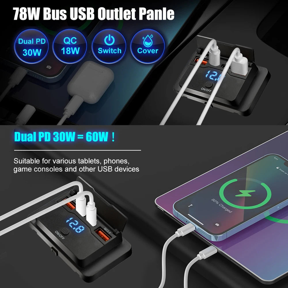 New 4 Ports Car Charger Socket Panel 12V/24V RV USB Outlet Dual QC3.0 PD Fast Charging Socket Accessories for Car Bus RV Truck