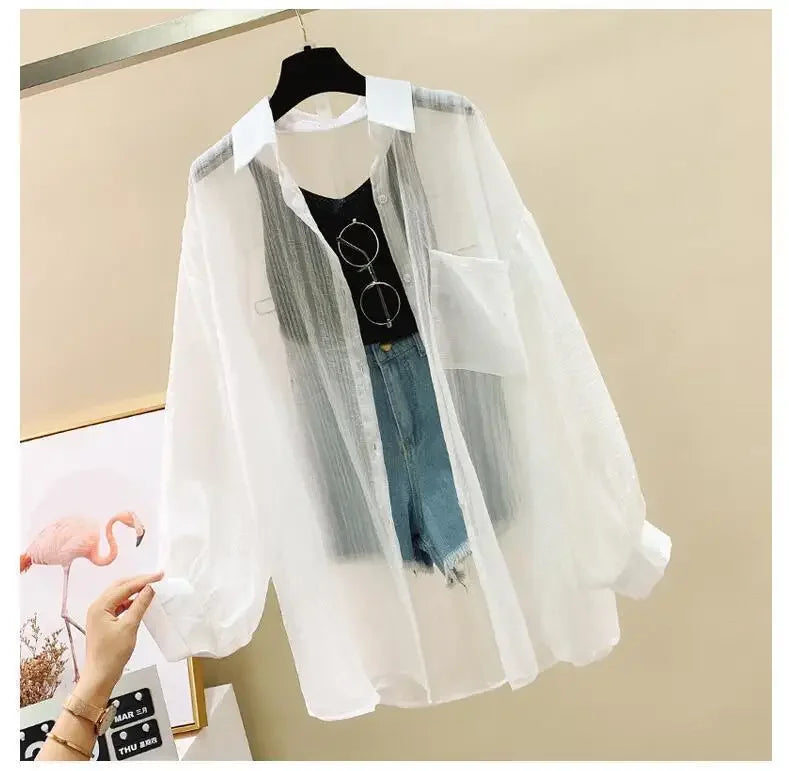 Summer Women's Elegant Chiffon Sunscreen Shirt Korean Harajuku Style See-Through Loose Blouse Thin Perspective Cardigan Yk2 Tops