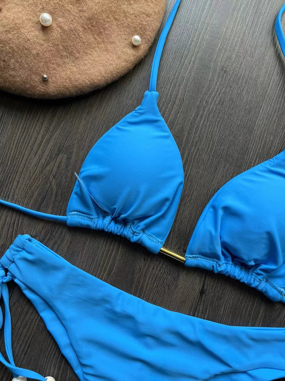 Solid color bikini set 2026 women's new swimsuit 2-piece set bead neck hanging bikinis summer beach Swimwear