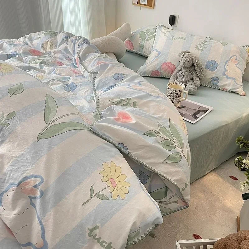 Bedding Set  Girls Cherry  Soft Washed Cotton Bed Sheet Queen King Size Duvet Set  Comforter Set Pillowcase Bed Linens