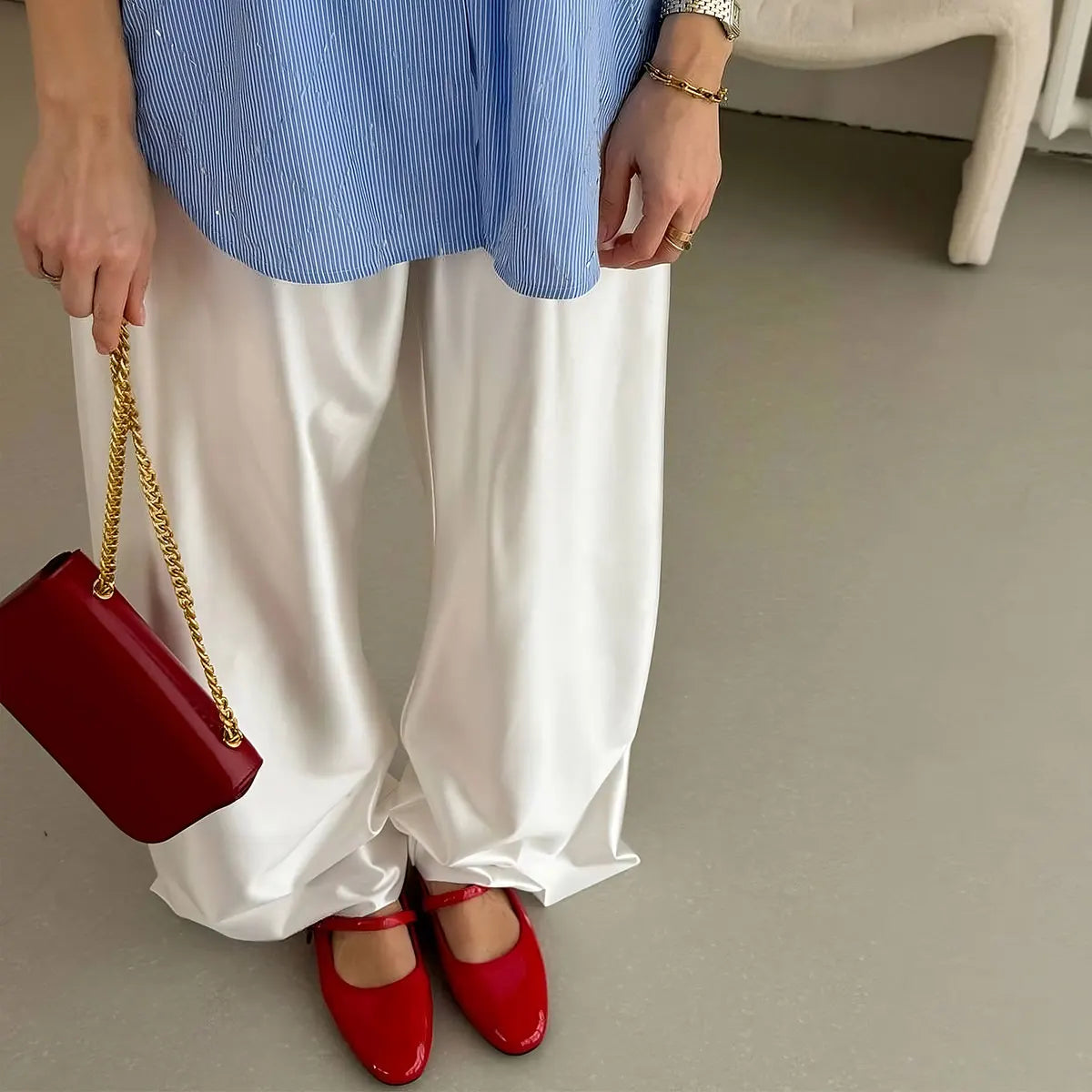 Satin Wide Leg Pants Long Floor Casual Pants Women's Summer
