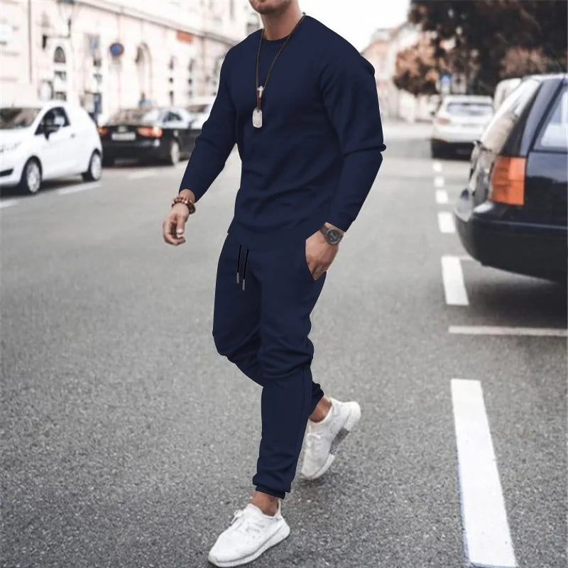 Men's Two-Piece Set O-Neck 2 Pieces Sets Tracksuit Hooded Sweatshirt +Drawstring Pants Male Sport Hoodies Running Sportswear