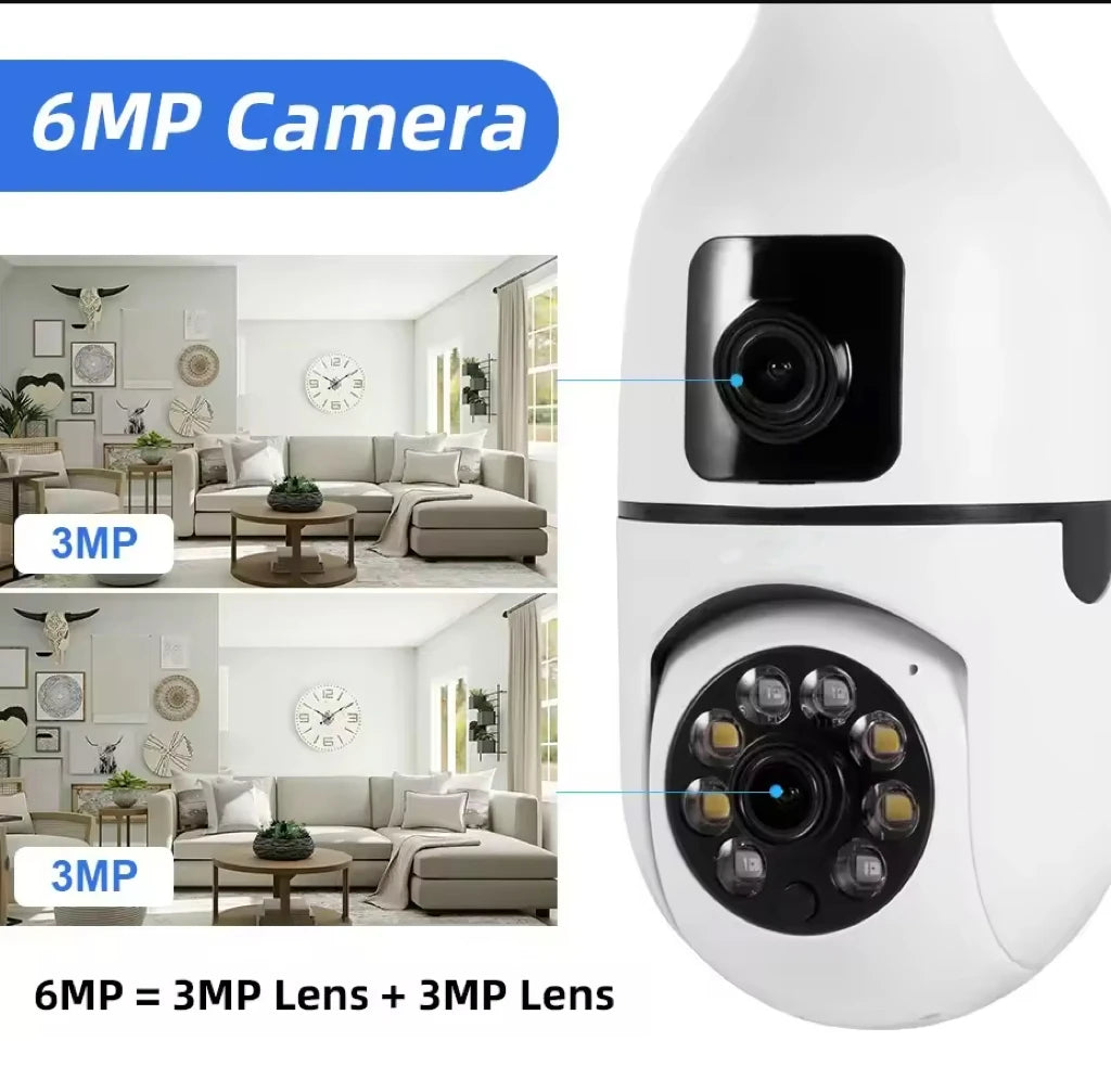 CCTV Security Camera with Dual Lens, PTZ Camera, Night Vision, Human Detection, Wi-Fi, Smart Home, 6MP Bulb, 2.4Ghz