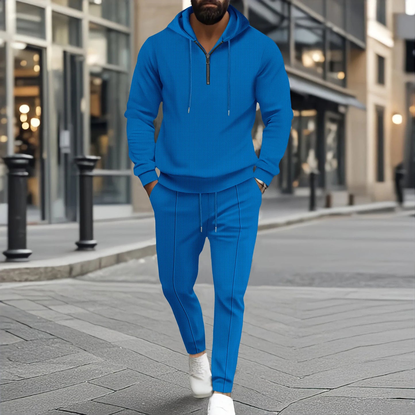Teen Boys 2-Piece Set Waffle Knit Half-Zip Hoodie And Drawstring Pants Casual Comfortable Clothing