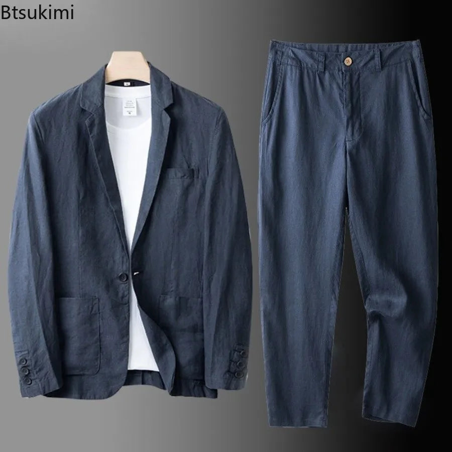 2026Summer Linen Suit Sets Men's Blazers Pants Suit Loose Casual High Street Sunscreen Jackets Long Trousers Set Male Clothes