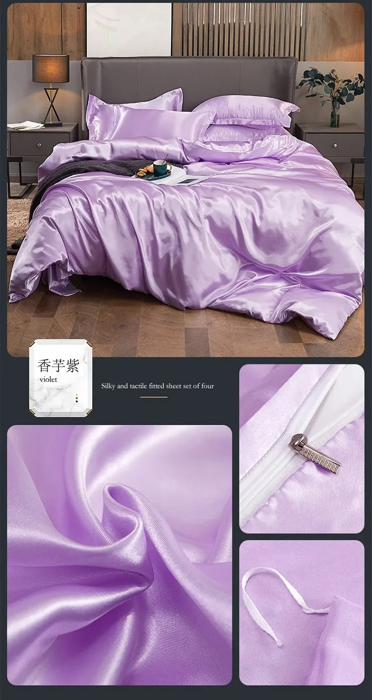 Solid Color Silk-like Bedding European and American Bed Sheet Quilt Cover Pillowcase