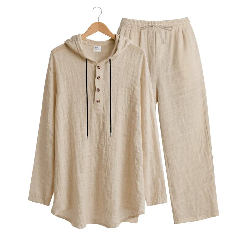 Men's Linen Hooded Sets 2 Piece Outfit Summer Casual Long Sleeve Hoodie and Wide Leg Pants Set for Men