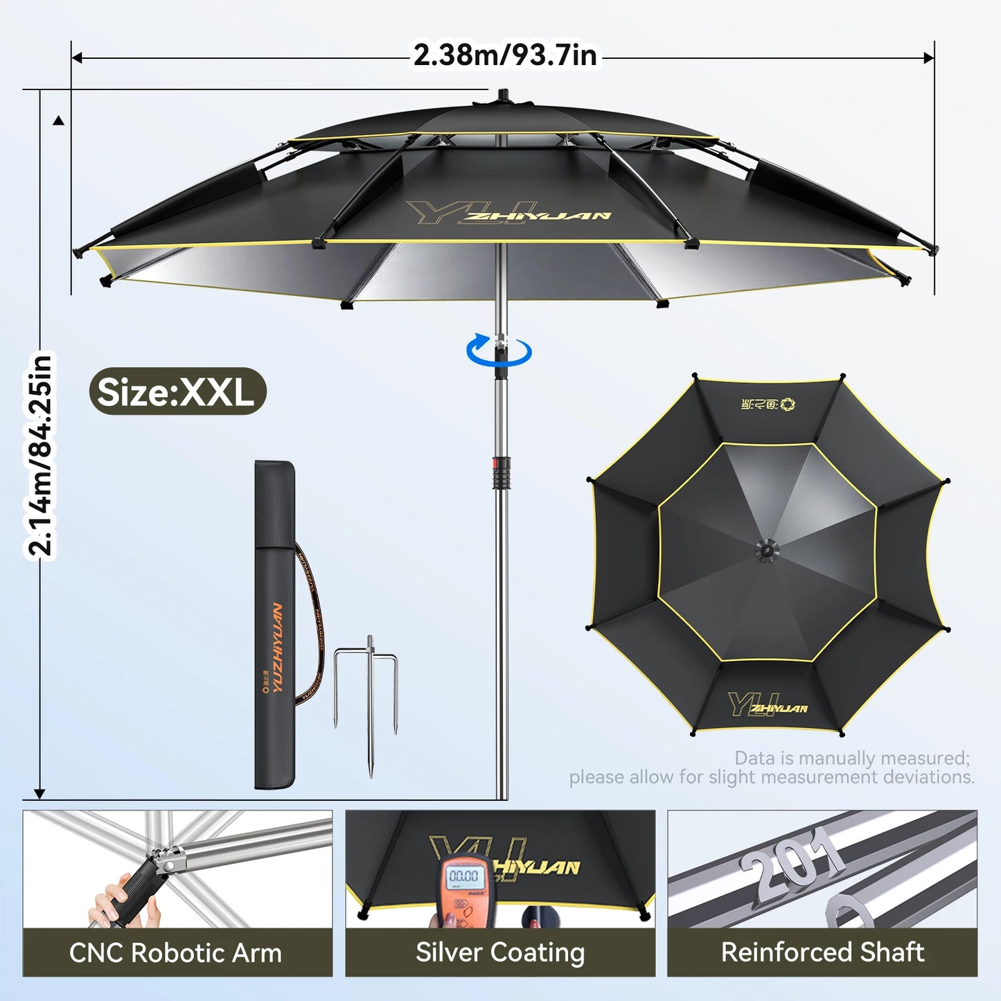Large Fishing Outdoor Umbrella | Beach Sun Umbrella UPF 50+ Sun UV Protection Waterproof Windproof Foldable Portable Adjustable